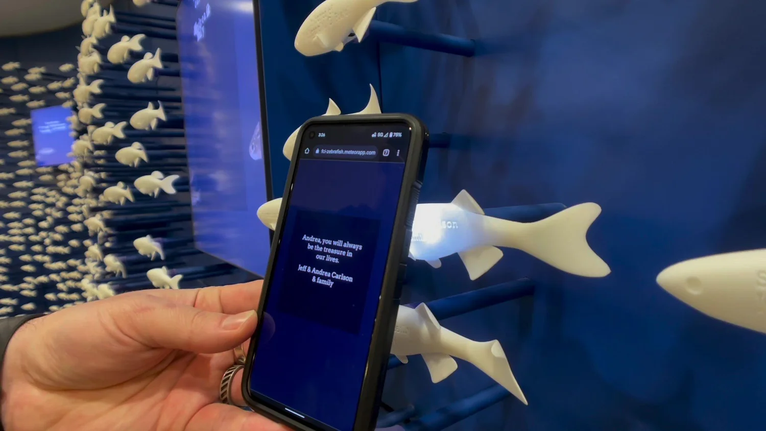 A visitor's phone displaying a donor's personal message after scanning an NFC-tagged fish on the sculpture