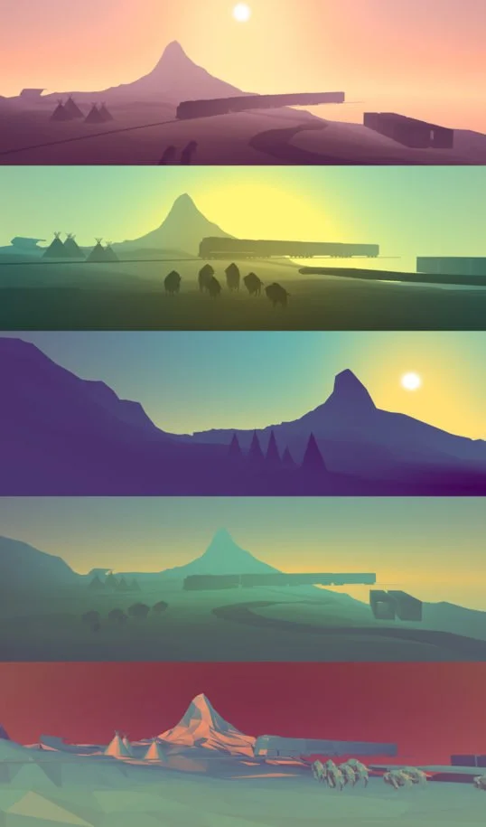 Five renderings of the virtual Marfa landscape's mountain, train, and teepees, each in a different day-night color palette, as seen through the mirrors