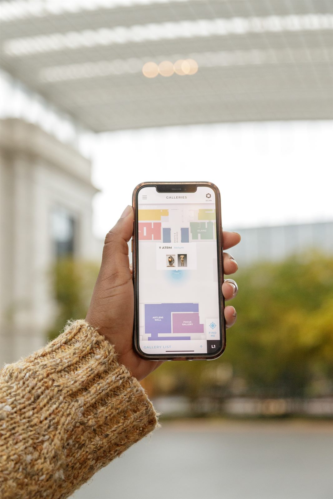 The ArtLens mobile app showing a real-time gallery map synced to the visitor's location