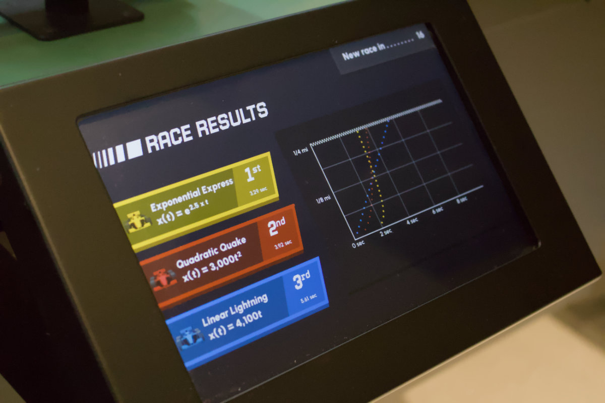 Formula Fun race results screen graphing linear, quadratic, and exponential growth