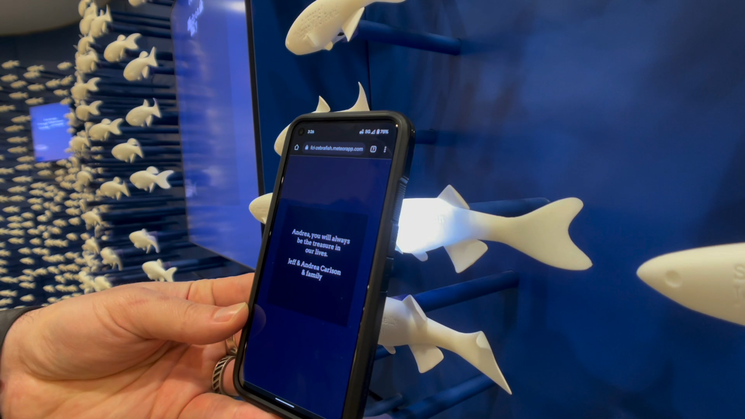 A visitor holds a smartphone near a 3D-printed zebrafish embedded in a permanent artwork, its screen showing a message triggered by the object's NFC tag.